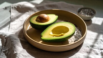 Avocado Halves with Chia Seeds on Plate in Natural Sunlight