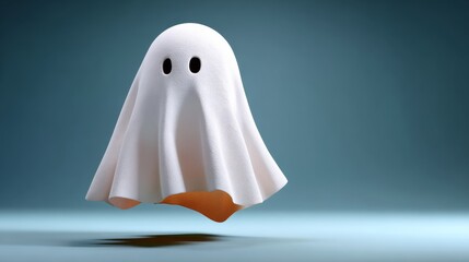 Ghostly white figure with a black eye is floating in the air. The ghostly figure is surrounded by a white sheet, which gives it an eerie and haunting appearance. Concept of mystery and fear