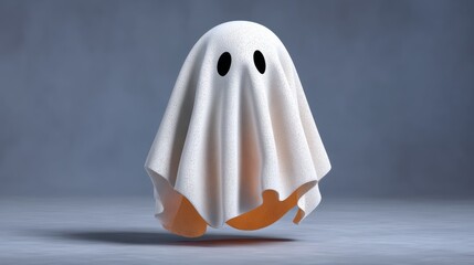 Ghostly figure is floating in the air with a white sheet draped over it. The ghostly figure has a creepy, unsettling appearance, and the sheet adds to the eerie atmosphere