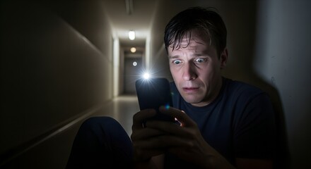 Man looking surprised at phone while sitting in dark hallway  