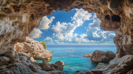 A picturesque view of the sea from a rocky cave with turquoise water and blue sky. Background for themes such as travel, exploration, summer, nature, and adventure. The tranquility and natural beauty