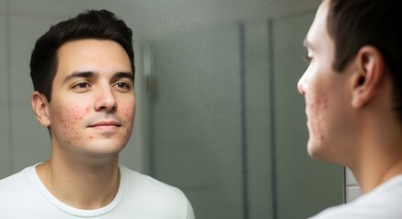 Young man with acne looking at himself in mirror at home