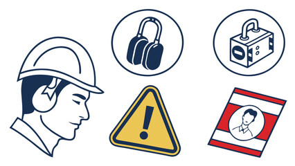 Comprehensive vector illustration of workplace safety equipment including protective helmet headphones warning sign and identification badge highlighting occupational safety measures for industrial