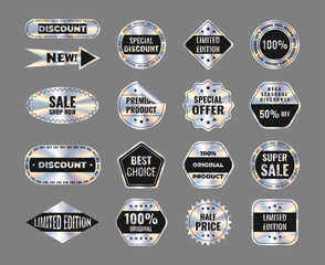 Big set tags and stickers with holographic effect and watermark: Sale, 100% original, offer, discount, Best price, NEW, Limited Edition, Premium product, 50% off. Hologram of various geometric shapes.
