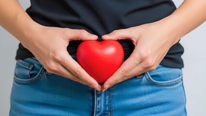 Woman holding a red heart over her lower abdomen, symbolizing feminine health, self-care, and gynaecology