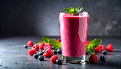 Berry Smoothie in Glass with Fresh Raspberries and Blueberries