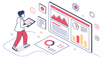 Isometric Illustration: Businessperson Reviewing Data Analytics Dashboard, Modern Style, Progress Concept