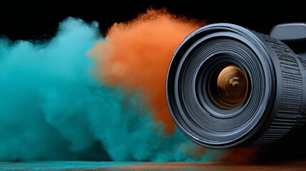 Camera lens is surrounded by a cloud of smoke. The smoke is orange and blue, creating a dramatic and intense atmosphere. Concept of chaos and confusion