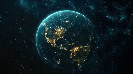 Obraz premium Global network connections illuminating Earth at night showcasing a vast interconnected world