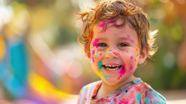 A cheerful and jubilant child joyfully celebrates the holi festival, surrounded by vibrant colors and smiles, while playing with colorful powders and enjoying the festive atmosphere.