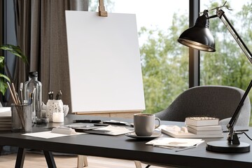 Modern workspace with blank canvas, desk supplies and lamp