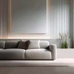 Minimalist living room with beige sofa and large blank wall