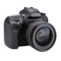 Dslr camera photography equipment professional lens black background on transparent background