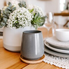 A gray ceramic tumbler sits on a wooden table, surrounded by flowers and tableware