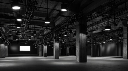 Empty, industrial, concrete space with exposed pipes and lighting