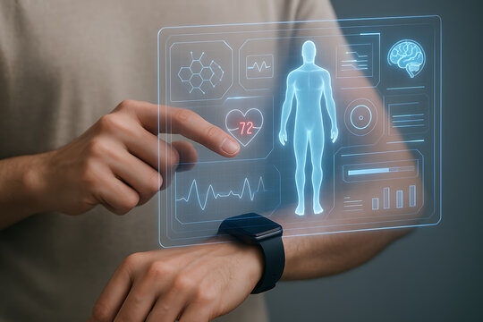 Person checking biometric vitals on smartwatch with futuristic screen showing heart rate data human anatomy and digital health information for monitoring and fitness tracking