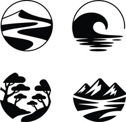 Desert dune wave tree mountain water landscape icons sand ocean