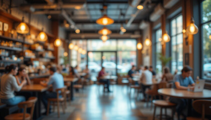 Blurred background image of a cozy coffee shop interior with people casually sitting and chatting