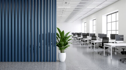 Modern white and blue open space office interior. bright, modern open-plan office space with white walls, a textured gray floor, and multiple rows of clean white desks with black office chairs