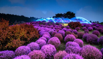 Blooming Lavender Field with Blue Light Display at Night