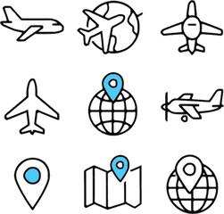 vector travel and navigation icon set with airplanes location pins and world globe