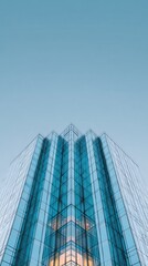 Obraz premium Symmetrical glass skyscraper reflecting blue sky in vertical composition captured from low angle perfect for corporate branding, modern architecture visuals and urban skyline projects