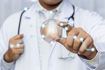 Doctor interacting with a transparent globe showing global medical data network