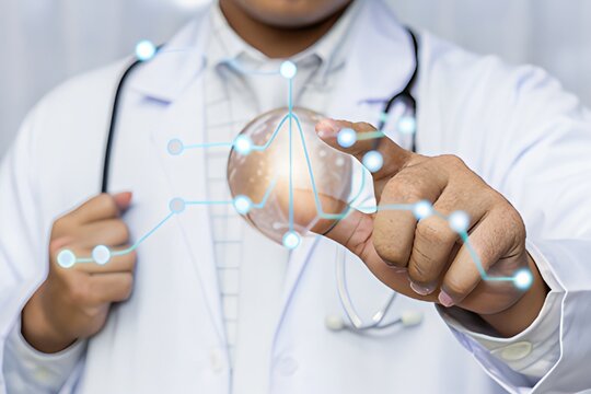 Doctor interacting with a transparent globe showing global medical data network