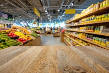 Fototapeta premium Wooden table top in a grocery store