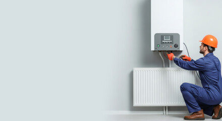 Caucasian man plumber installing repair boiler heater. Worker in uniform hardhat fixing water heating system. Industry communication concept.