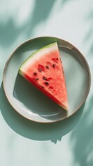 Minimalistic composition of fresh juicy watermelon slice on ceramic plate over pastel blue background perfect for summer food ads, clean lifestyle visuals and healthy diet promotions