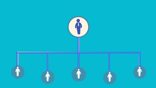 Leadership structure animation with leader icon at top and team members below. Organization chart concept. Visual hierarchy of roles. 