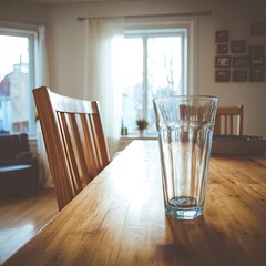 Empty glass on a wooden table in a light-filled room with chairs and windows