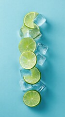 Top view of fresh lime slices and melting ice cubes aligned on pastel blue background perfect for summer beverage ads, citrus product design and refreshing visual compositions