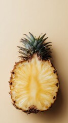 Half of ripe pineapple with juicy yellow flesh placed on soft beige background perfect for tropical product design, healthy food visuals and summer nutrition campaigns