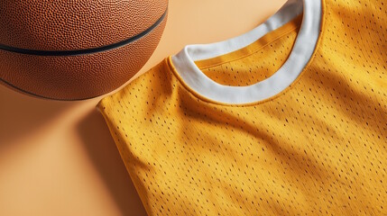 Bright yellow basketball jersey with white collar laid beside a basketball on a soft orange background, showcasing sports apparel and vibrant colors for athletic enthusiasts