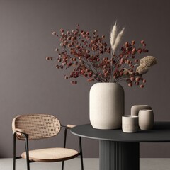 Beige vase with dried flowers, dark table, chair