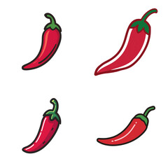 Chili pepper icon with long curved body and pointed tip, solid red fill and green cap, bold modern outline, isolated transparent background