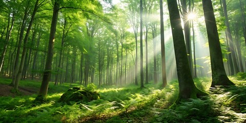 Fototapeta premium Mystical Morning Sun-Dappled Forest Canopy with Ethereal Fog and Verdant Trees