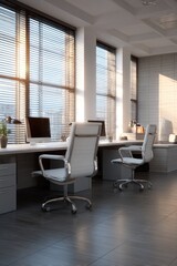 Modern office interior with two desks by large windows. Sunlight streams in