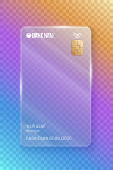 Transparent glass vertical credit bank card mockup with chip and contactless icon on colorful gradient background. Modern, futuristic template for banking or fintech design. Vector illustration.