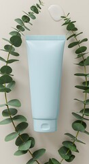 Light blue cosmetic tube with eucalyptus leaves