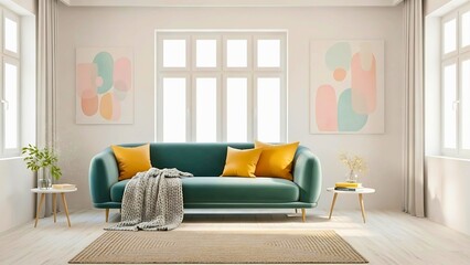 Serene Living Room with Teal Sofa and Artistic Wall Decor