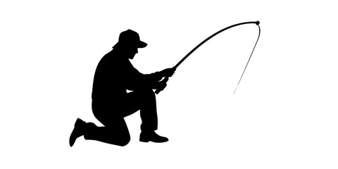Fototapeta premium Kneeling Man Fishing Silhouette Clipart – Angler Catching Fish Vector Art