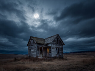 Eerie abandoned house under a full moon in a desolate rural landscape at night with dramatic stormy clouds perfect for horror or mystery themes