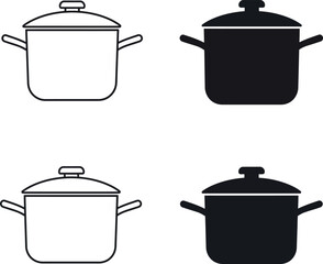 Cooking pot icons black white line art and silhouettes