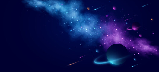 Colorful galaxy background with glowing stars, falling meteors, nebula clouds and abstract planets in deep space. Futuristic outer space scene for sci-fi, astronomy, or galaxy design. Vector.
