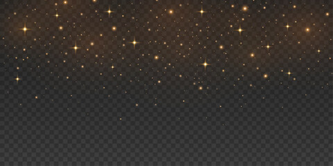 Falling magical golden dust with glowing particles and shiny stars on dark transparent background. Stardust effect. Festive glitter lights for holiday or fantasy design. Vector illustration.