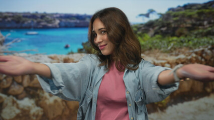 Woman enjoying scenic seaside promenade with turquoise sea backdrop on a sunny day showcasing youthful joy and adventure.