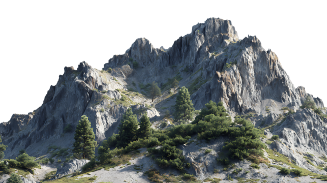 Sharp jagged mountain summit with sparse trees and rocky slopes isolated on transparent background